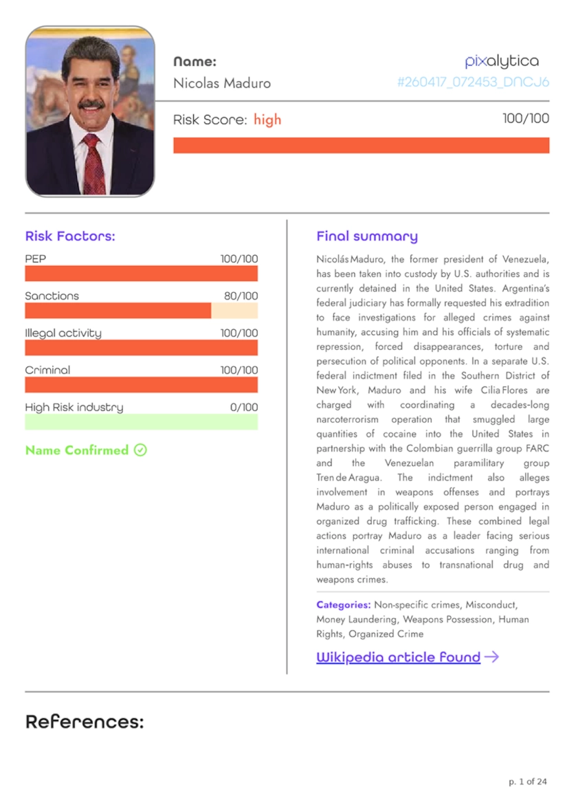 KYC summary evaluation of the person’s reliability and trustworthiness.